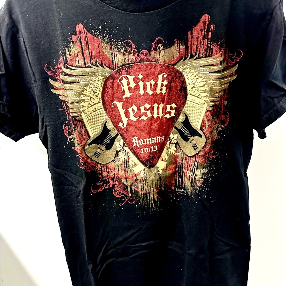 2 Black Short Sleeve Tees with Religious Graphics - Picture 4 of 4